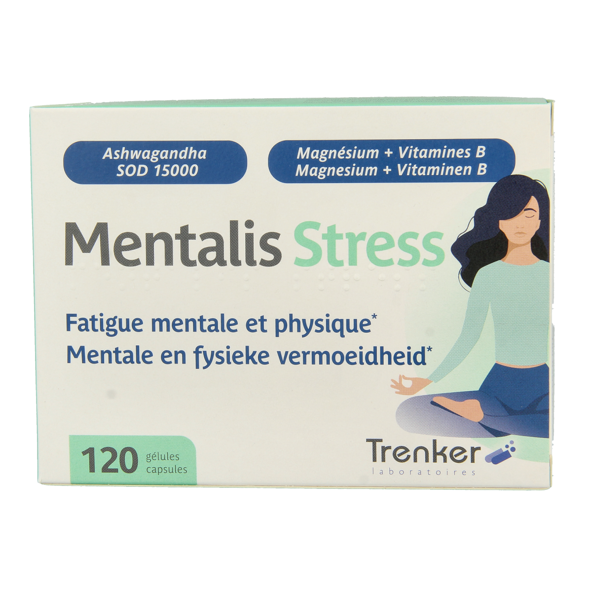 Trenker Mentalis stress herbal supplement capsules, 120-count, with natural ingredients for stress relief and mental relaxation.