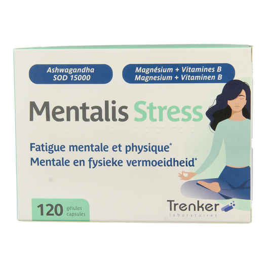 Trenker Mentalis stress herbal supplement capsules, 120-count, with natural ingredients for stress relief and mental relaxation.
