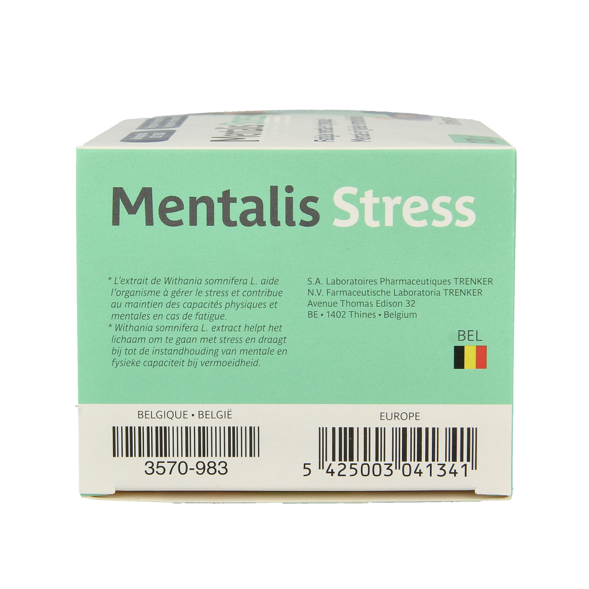 Trenker Mentalis stress herbal supplement capsules in a bottle, part of Kruidenpreparaten line, showing the product label.