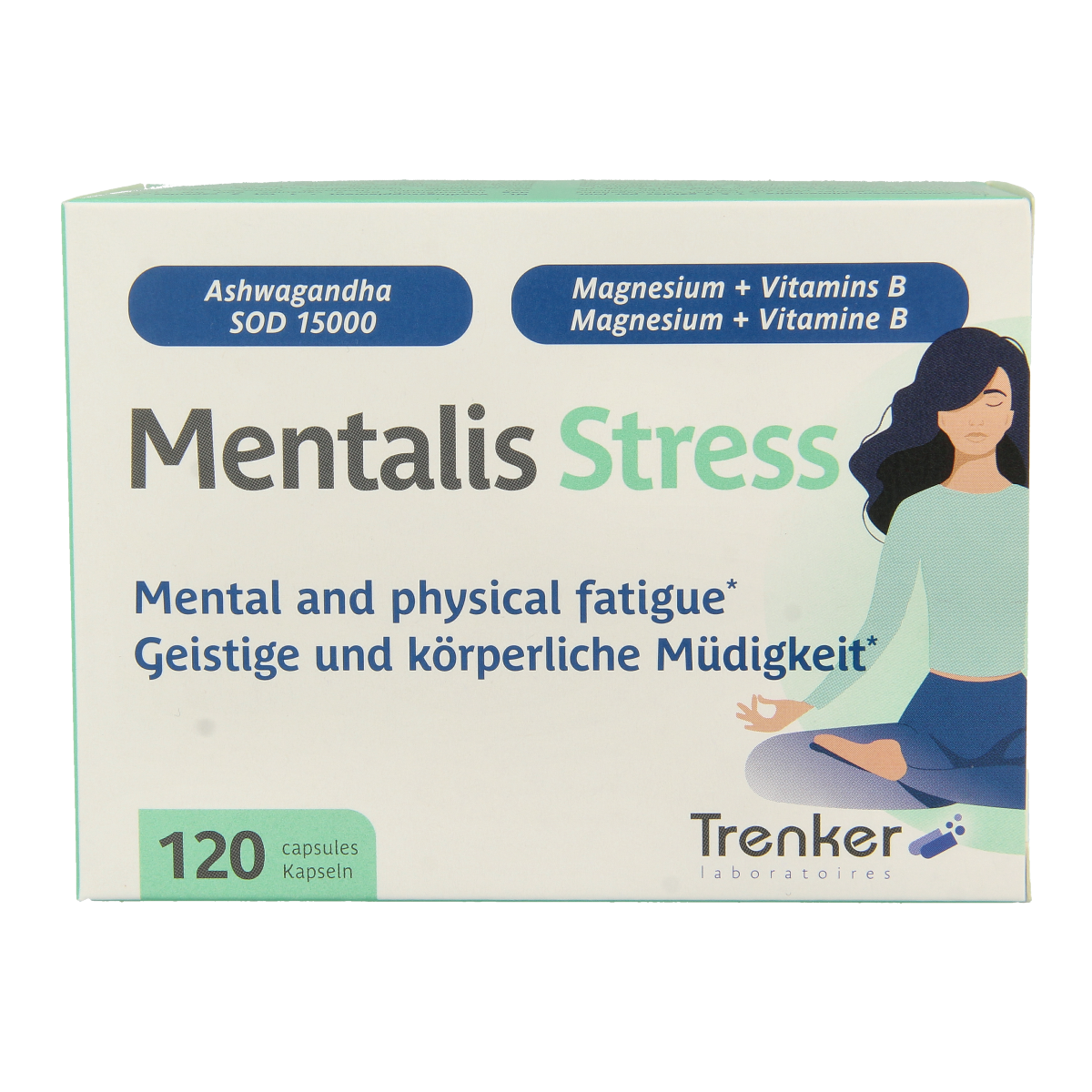 Trenker Mentalis stress herbal supplement capsules, 120-count, featuring natural ingredients for relaxation and stress relief.