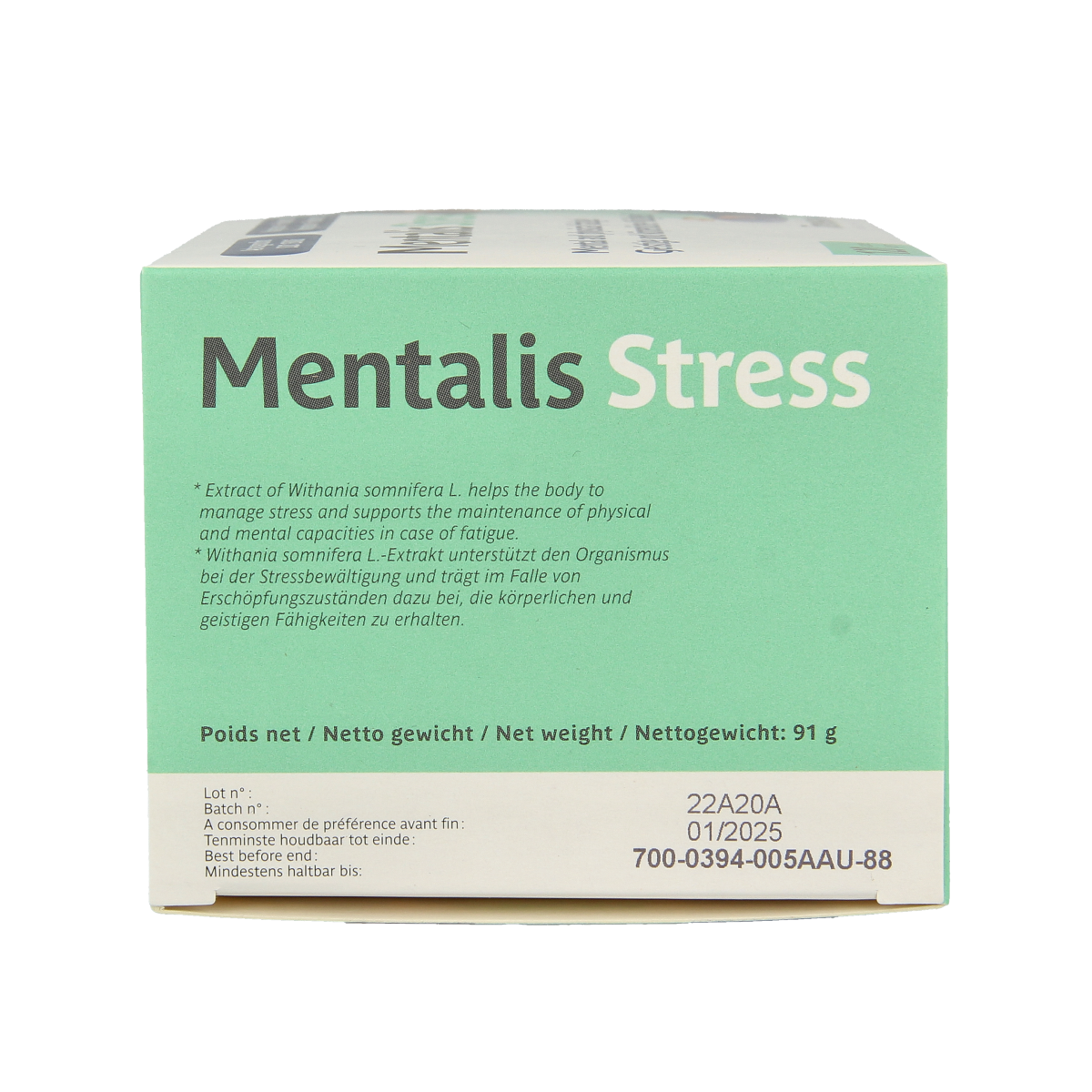 Trenker Mentalis Stress herbal supplement capsules, 120 count, featuring natural ingredients in a clear bottle with a label.