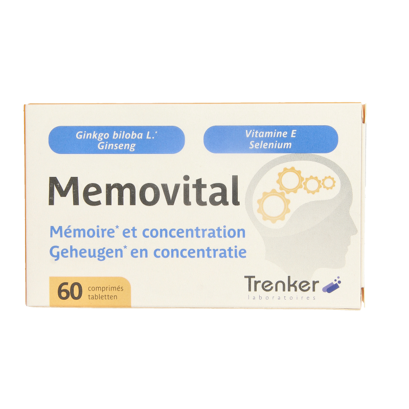 Trenker Memovital herbal supplement box with 60 tablets, natural herbal product for wellness and vitality.