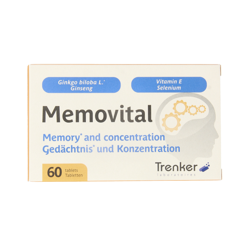 Trenker Memovital herbal supplement box with 60 tablets, natural herbal remedy for overall wellness.