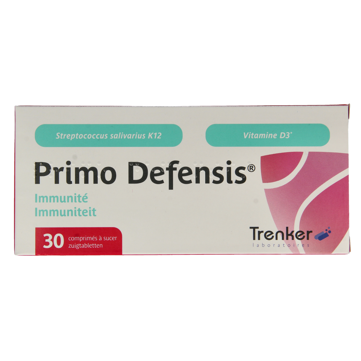 Trenker Primo Defensis multivitamin lozenges in a blister pack, featuring orange and white capsules for immune support.