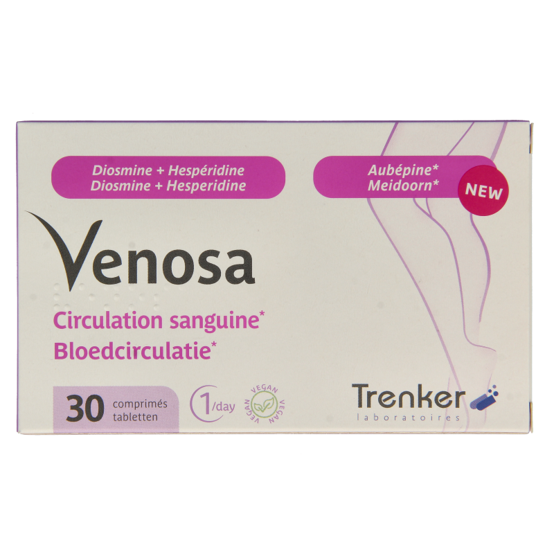 Trenker Venosa 30 tabletten herbal supplement in a white container with label, part of Kruidenpreparaten product line.