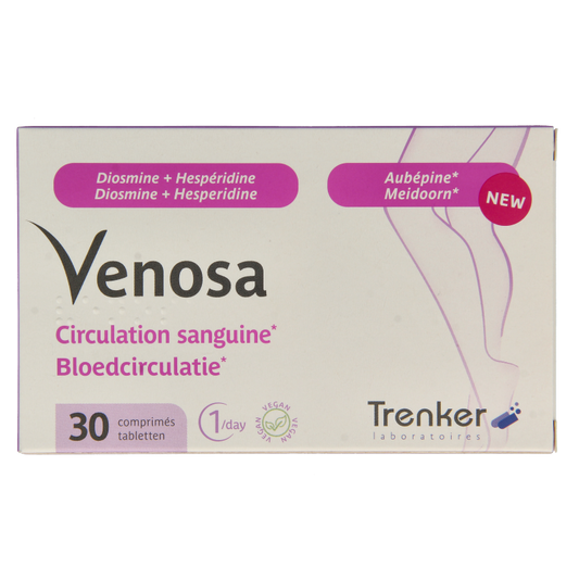 Trenker Venosa 30 tabletten herbal supplement in a white container with label, part of Kruidenpreparaten product line.