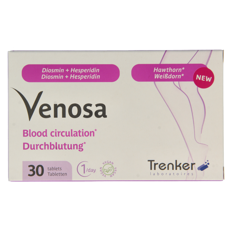 Trenker Venosa 30 tabletten kruidenpreparaten bottle with label and tablets inside, natural herbal supplement by Trenker