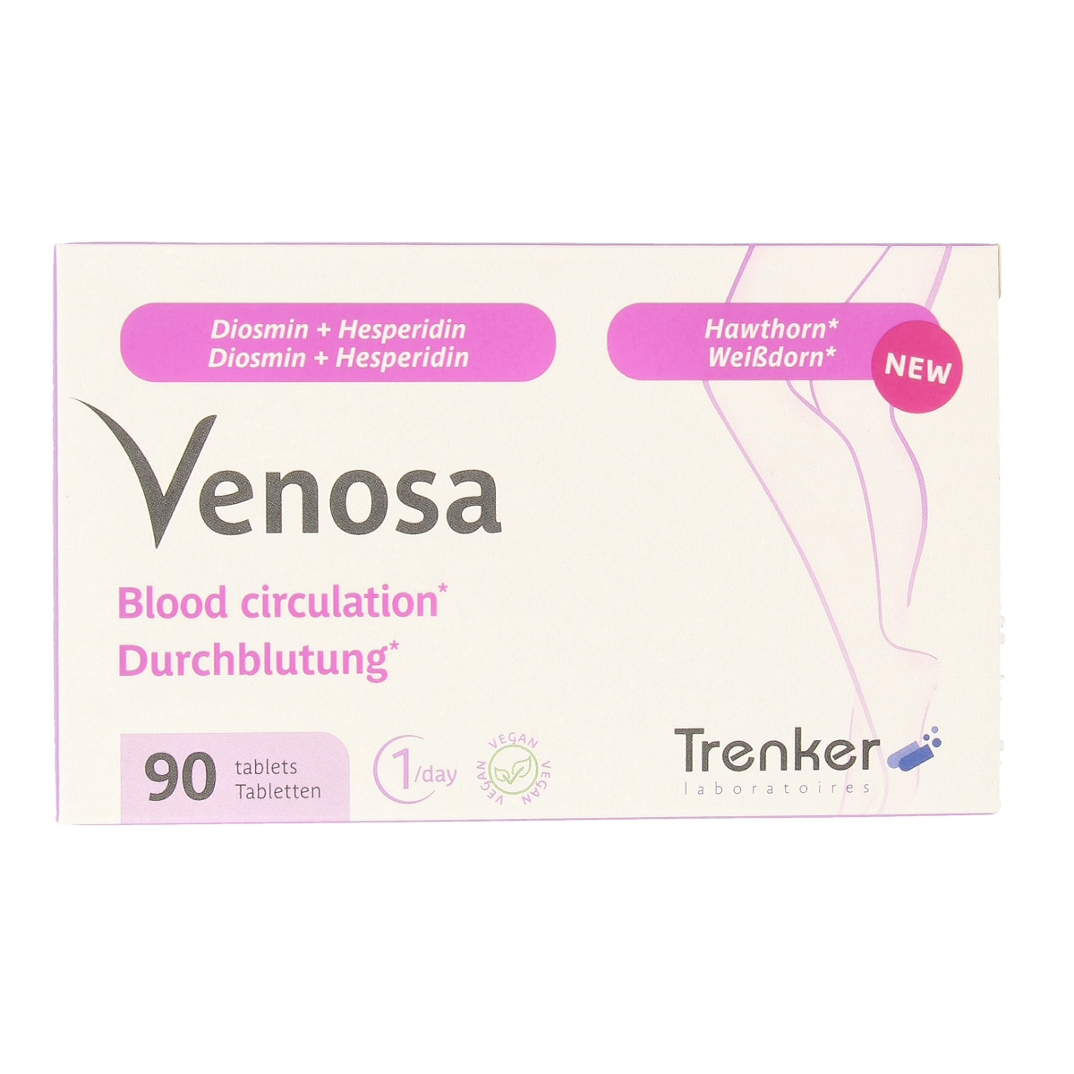 Trenker Venosa 90.00 herbal supplement tablets in a white bottle with label, used for natural health support.