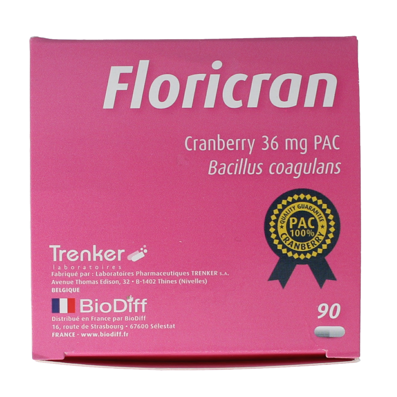 Trenker Floricran herbal supplement capsules, natural herbal remedy in a white bottle with 90 capsules.