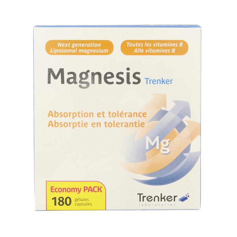 Trenker Magnesis mineral supplement in a bottle of 180 capsules, showing the product label and capsules inside.