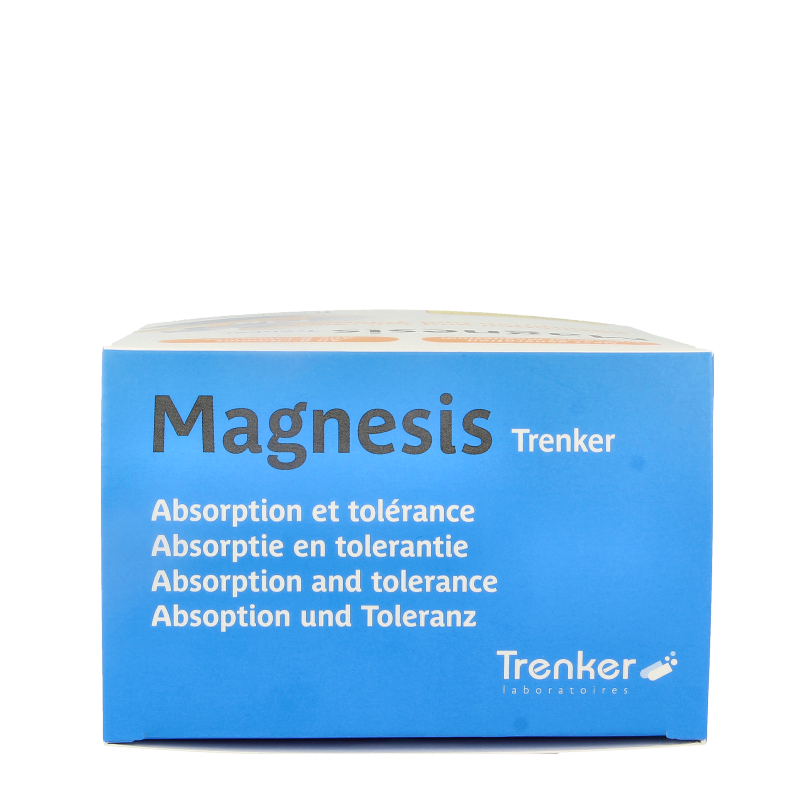 Trenker Magnesis mineral supplement in a bottle of 180 capsules, showcasing the product packaging and capsules inside.
