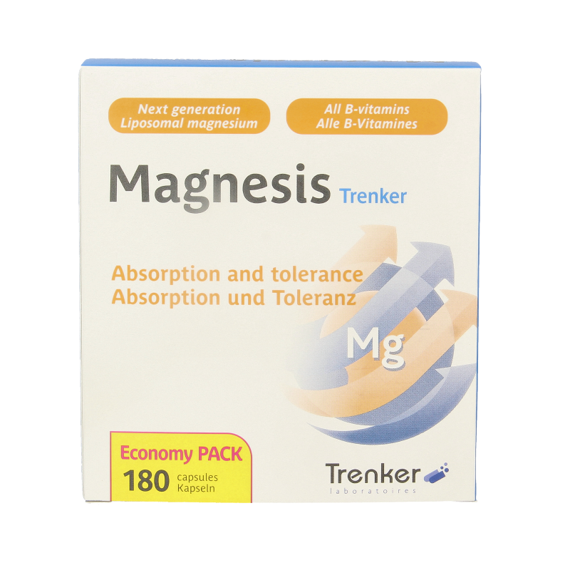 Trenker Magnesis mineral supplement in 180 capsules, showing the bottle with label and capsules inside.