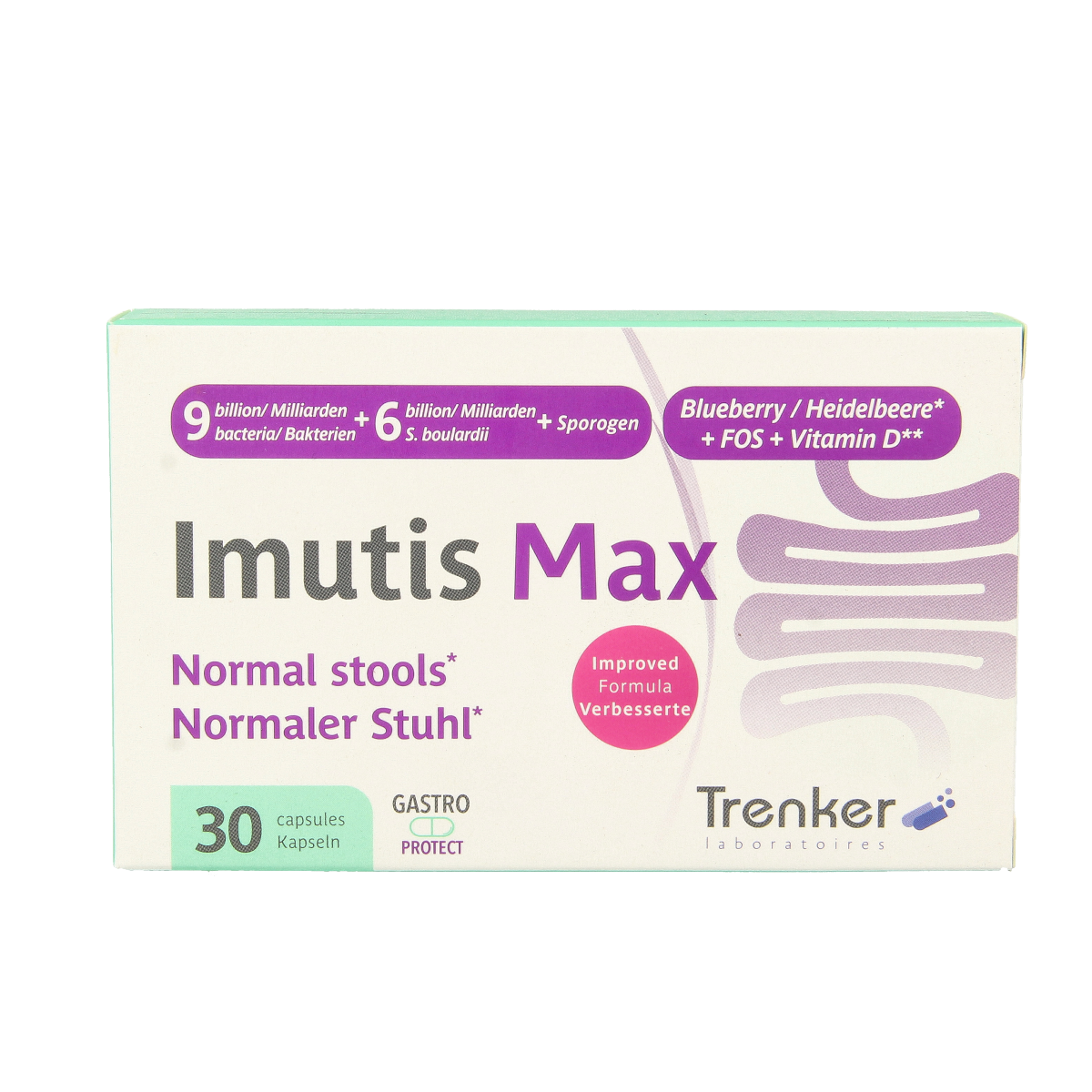 Trenker Imutis max 30.00 capsules featuring micro-organisms for digestive health in a clear container.