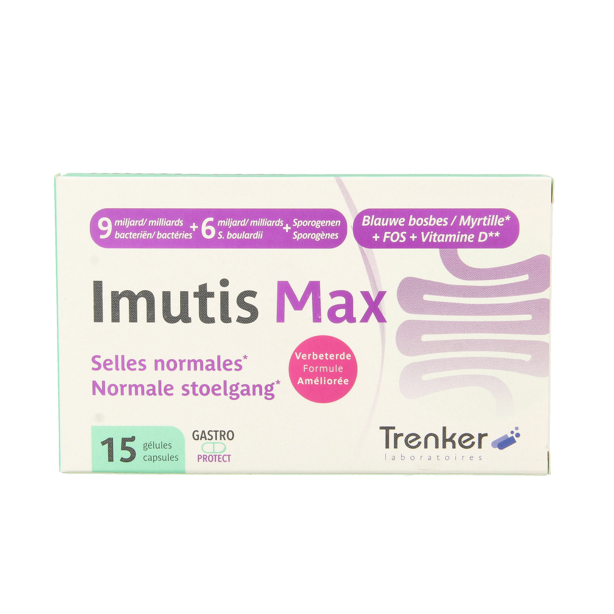 Trenker Imutis max 15.00 capsules container with micro-organismen probiotic supplement in a white jar with label