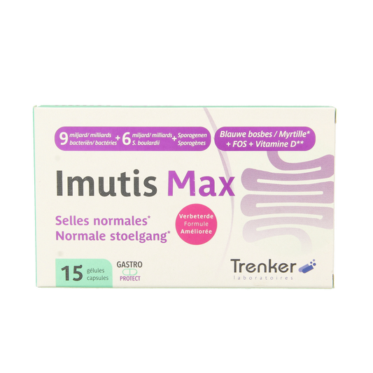 Trenker Imutis max 15.00 capsules container with micro-organismen probiotic supplement in a white jar with label