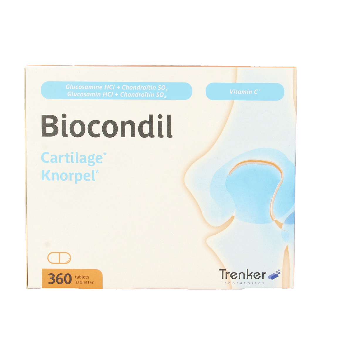 Trenker Biocondil mineral supplement with chondroitine, glucosamine, and vitamin C in a bottle of 360 tablets.