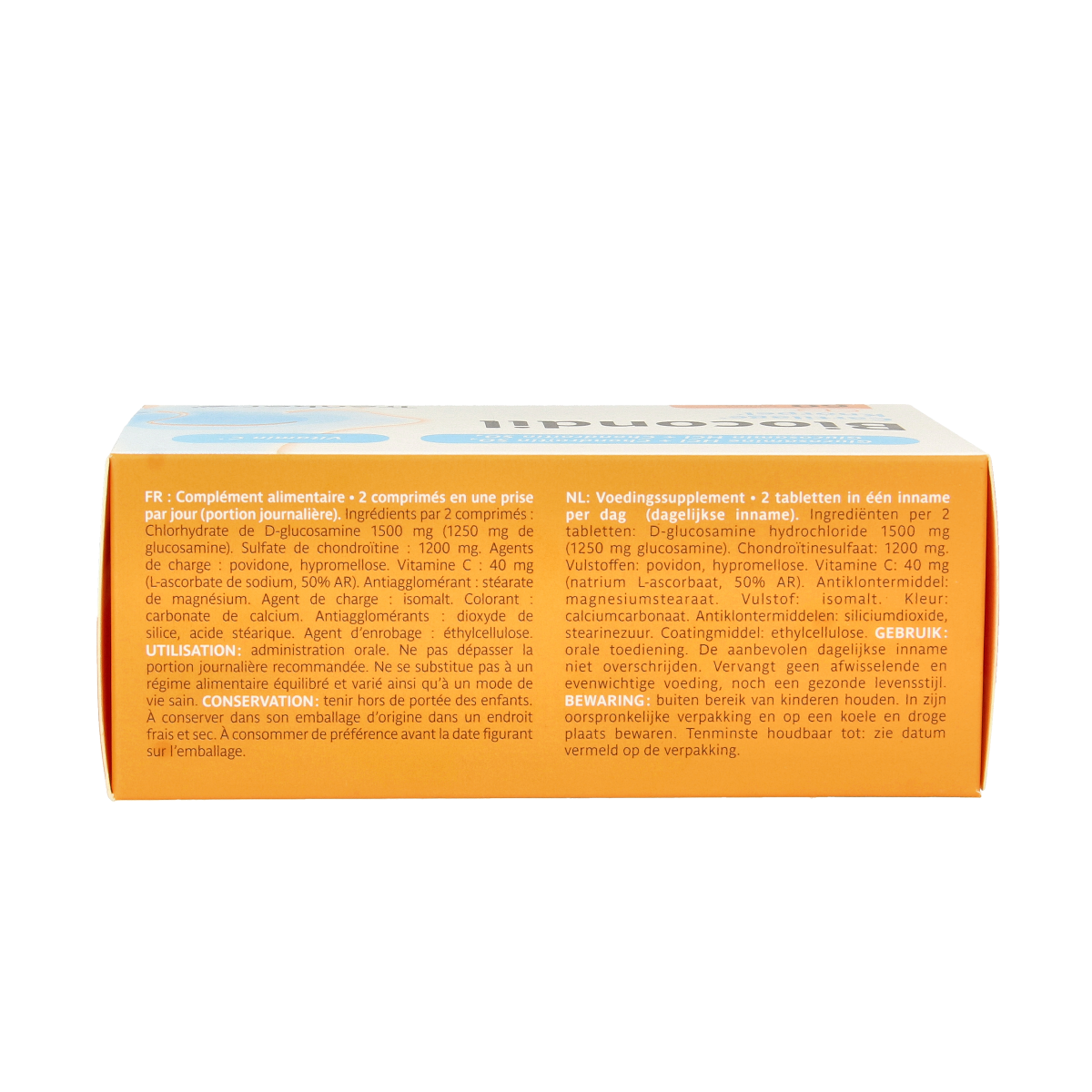 Trenker Biocondil chondroitine, glucosamine, and vitamin C dietary supplement in a bottle of 60 tablets.