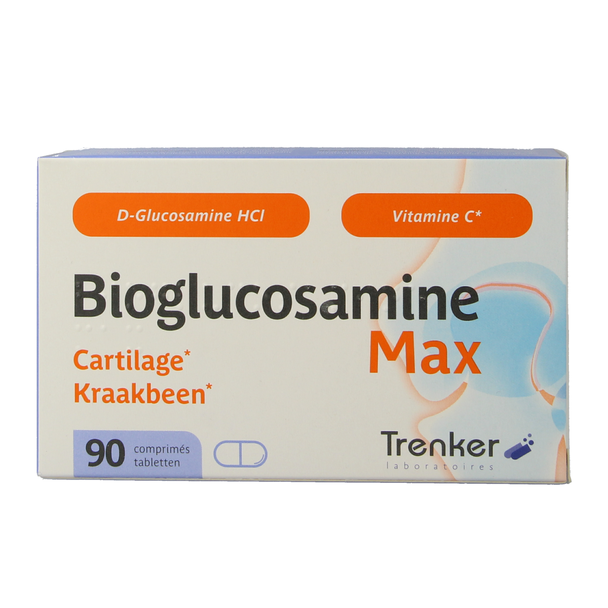 Trenker Bioglucosamine Max mineral supplement bottle with 90 tablets, showcasing the product label and tablets inside.