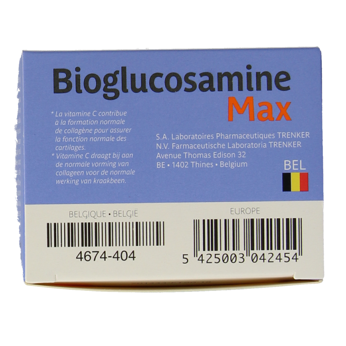 Trenker Bioglucosamine Max mineral supplement in a bottle of 90 tablets, with colorful packaging and label.