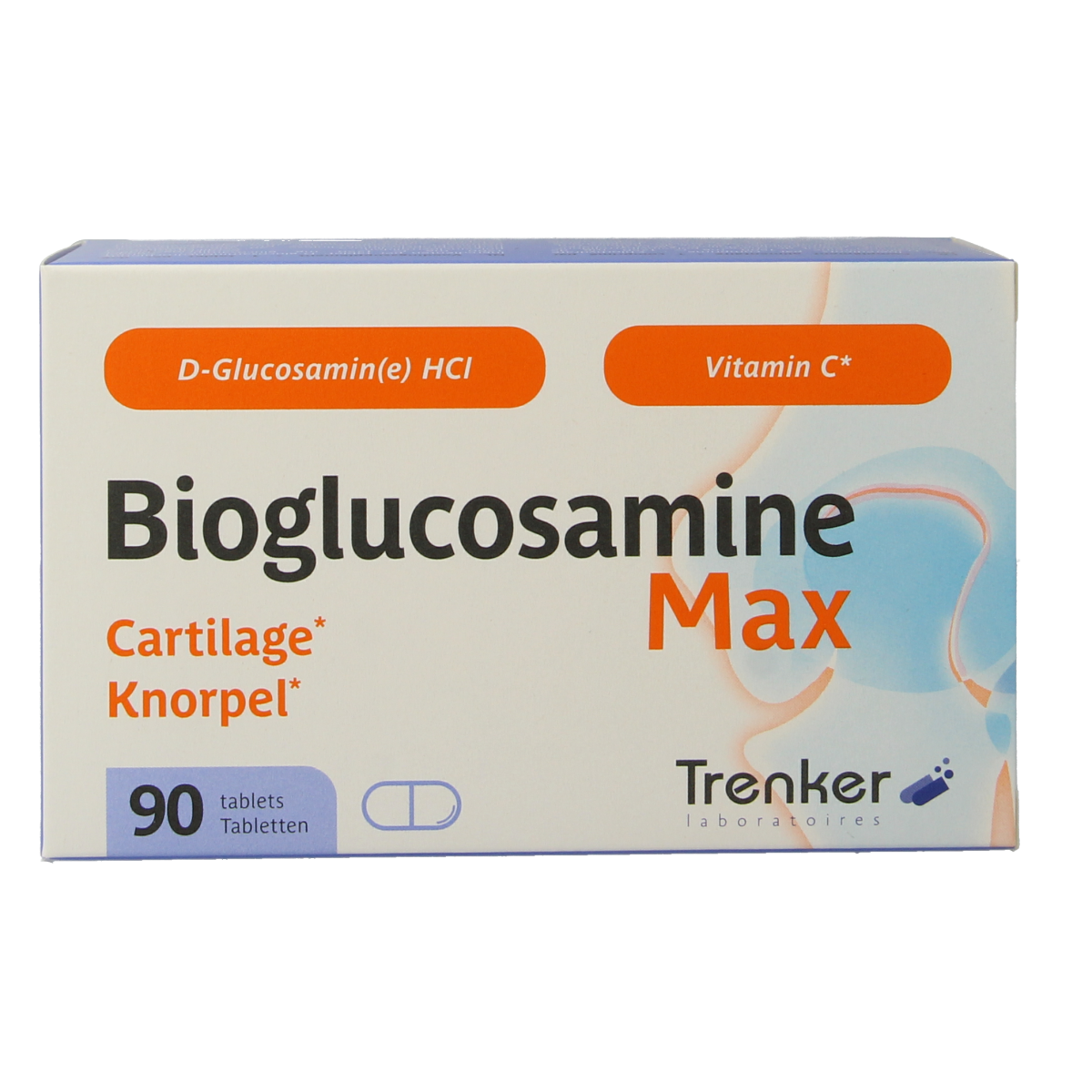 Trenker Bioglucosamine Max mineral supplement in a bottle of 90 tablets, showing the product label and tablets inside