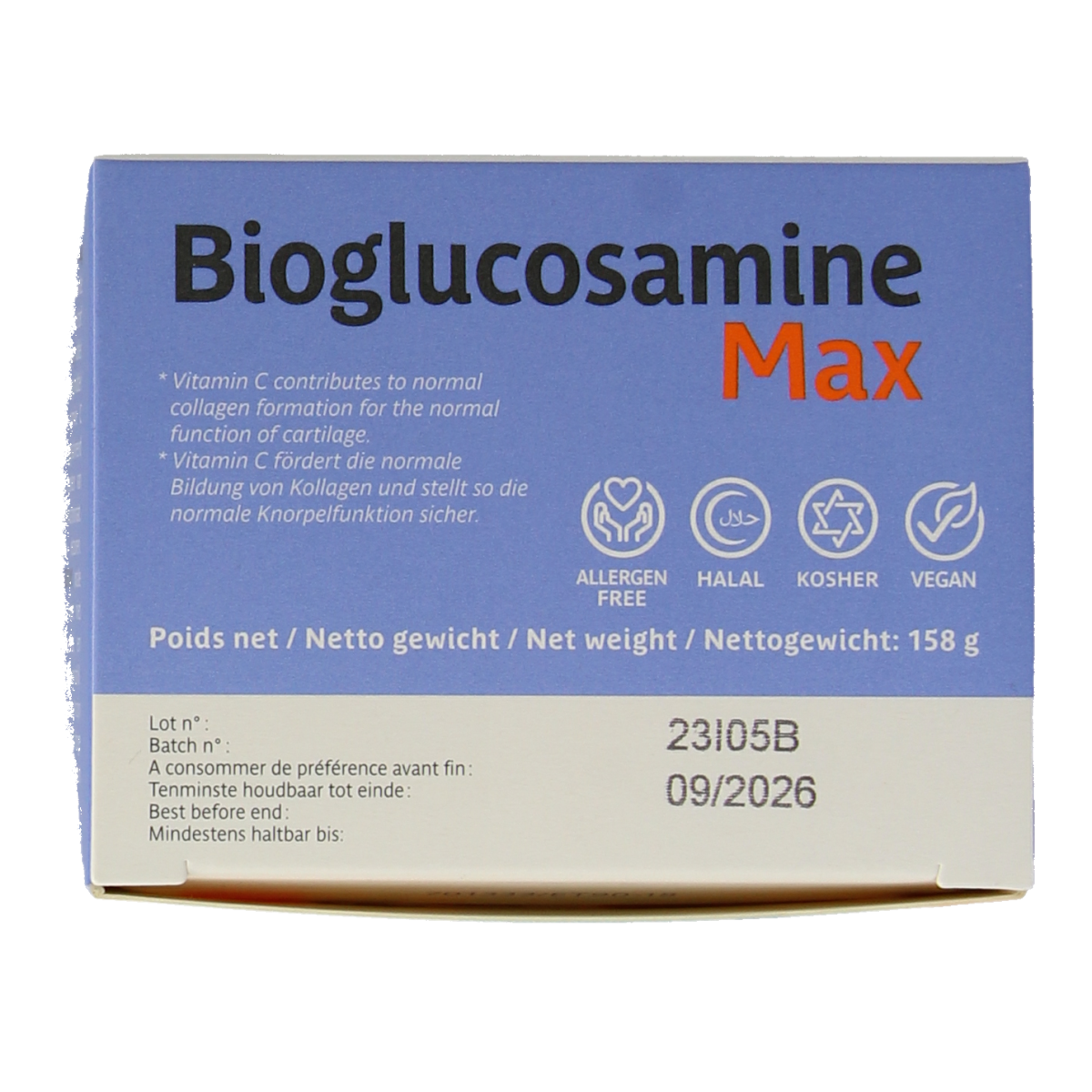 Trenker Bioglucosamine Max mineral supplement bottle with 90 tablets, featuring colorful label and white cap.