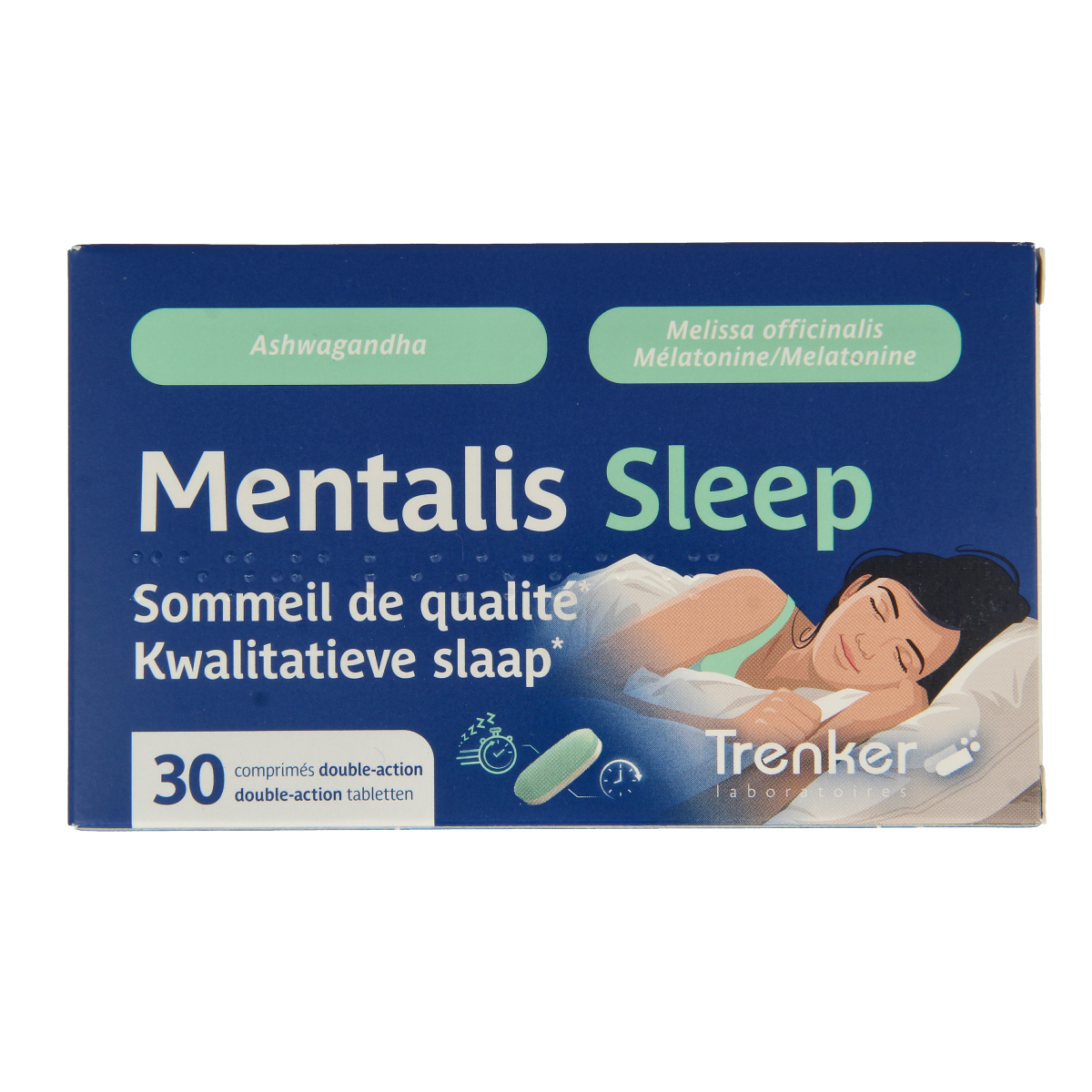 Trenker Mentalis sleep herbal tablets, natural herbal supplement for relaxation, in a white bottle with tablets visible inside.