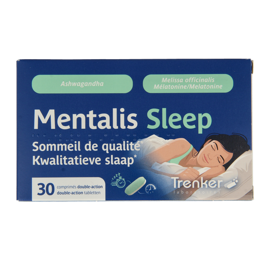 Trenker Mentalis sleep herbal tablets, natural herbal supplement for relaxation, in a white bottle with tablets visible inside.