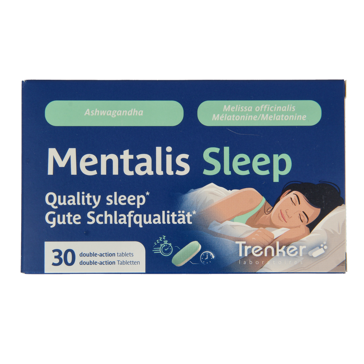 Trenker Mentalis Sleep herbal tablets, natural remedy for relaxation, displayed in a bottle with tablets and label.