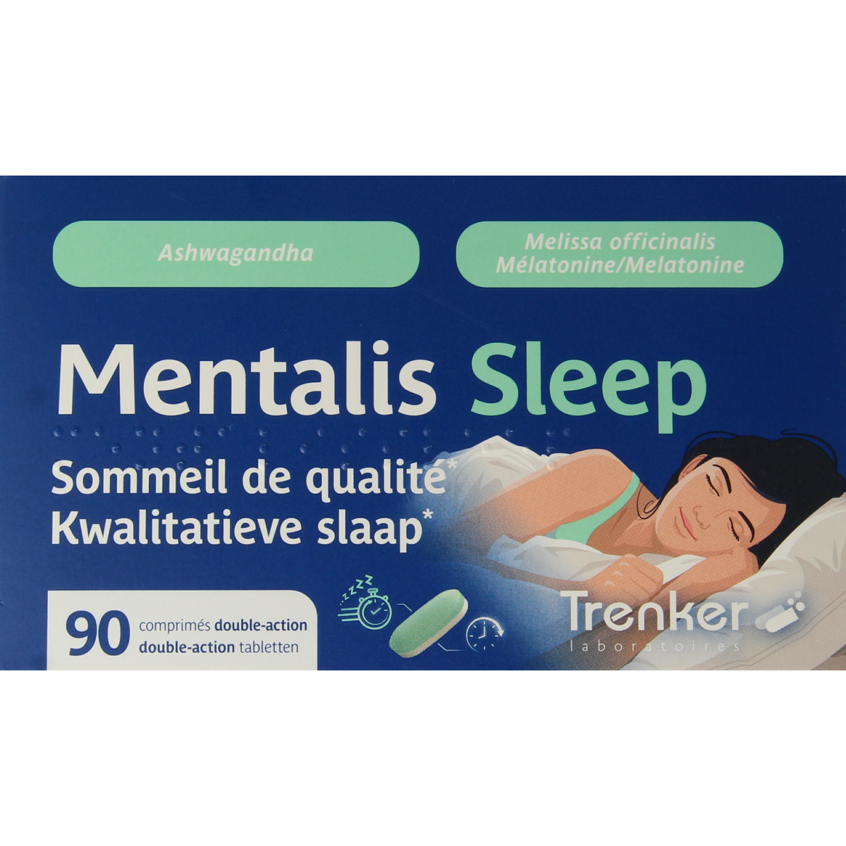 Trenker Mentalis Sleep herbal tablets in a bottle, showing the product label with tablet images and herbal ingredients.