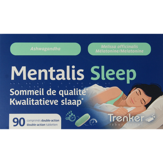 Trenker Mentalis Sleep herbal tablets in a bottle, showing the product label with tablet images and herbal ingredients.