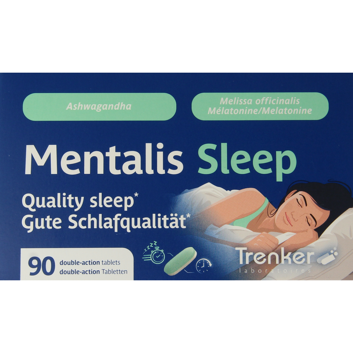 Trenker Mentalis Sleep herbal tablets in a blister pack, natural herbal supplement for better sleep and relaxation.