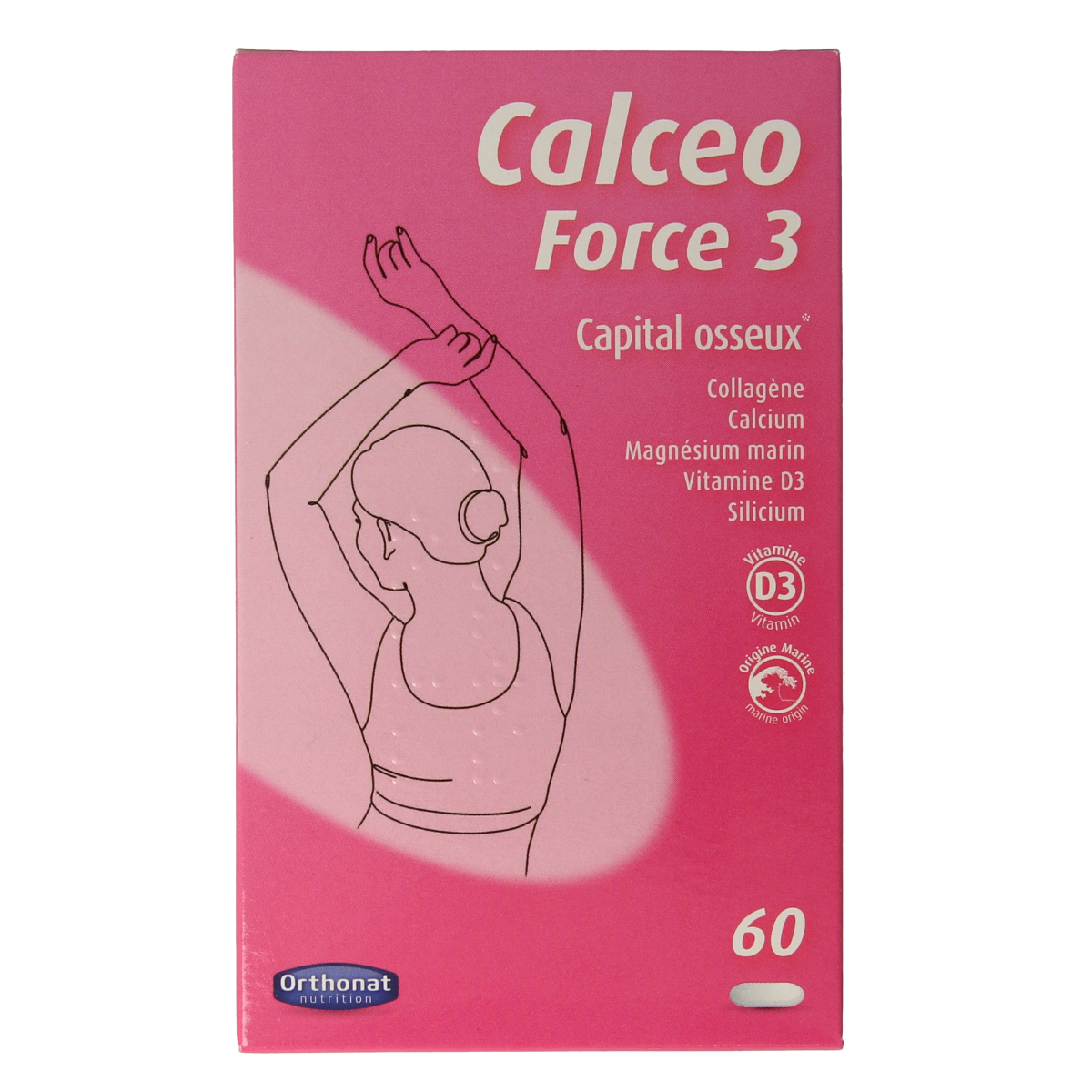 Orthonat Calceo Force 3 mineral supplement tablets, dietary supplement with calcium and minerals for bone health.