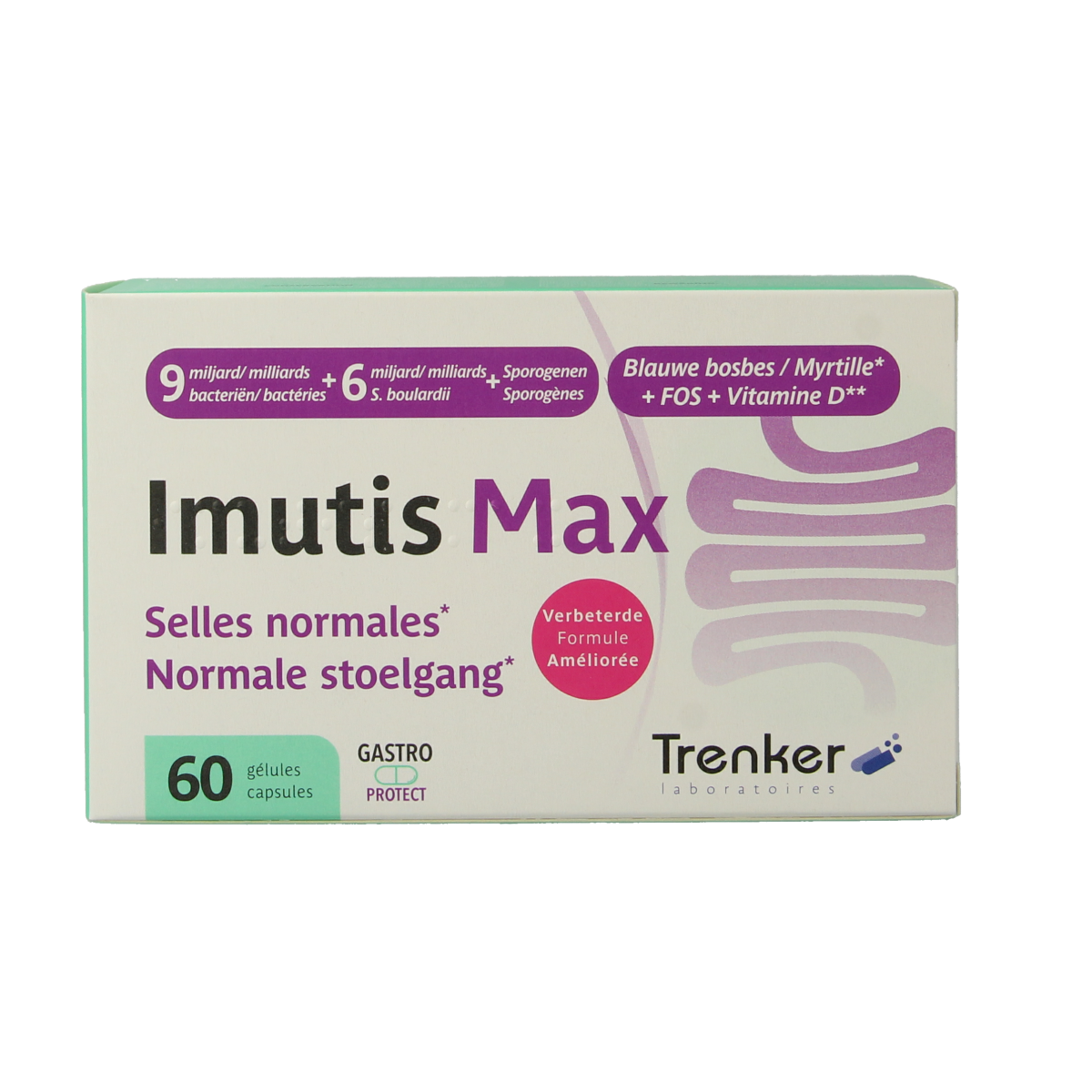 Trenker Imutis Max micro-organismen capsules, 60 count, featuring probiotic supplement with natural ingredients.
