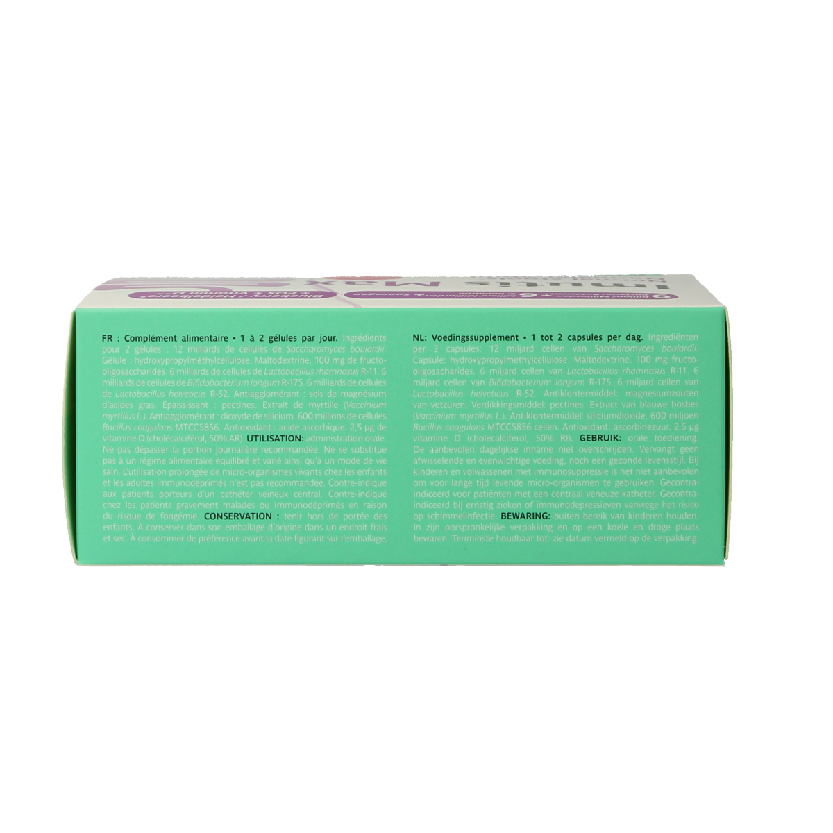 Trenker Imutis max 60 capsules bottle with micro-organismen dietary supplement in a transparent container.