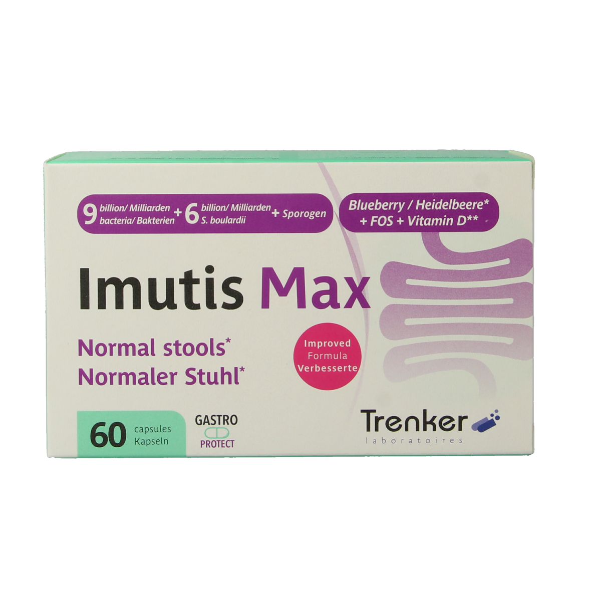 Trenker Imutis max 60 capsules of micro-organisms dietary supplement in a bottle with capsules visible.