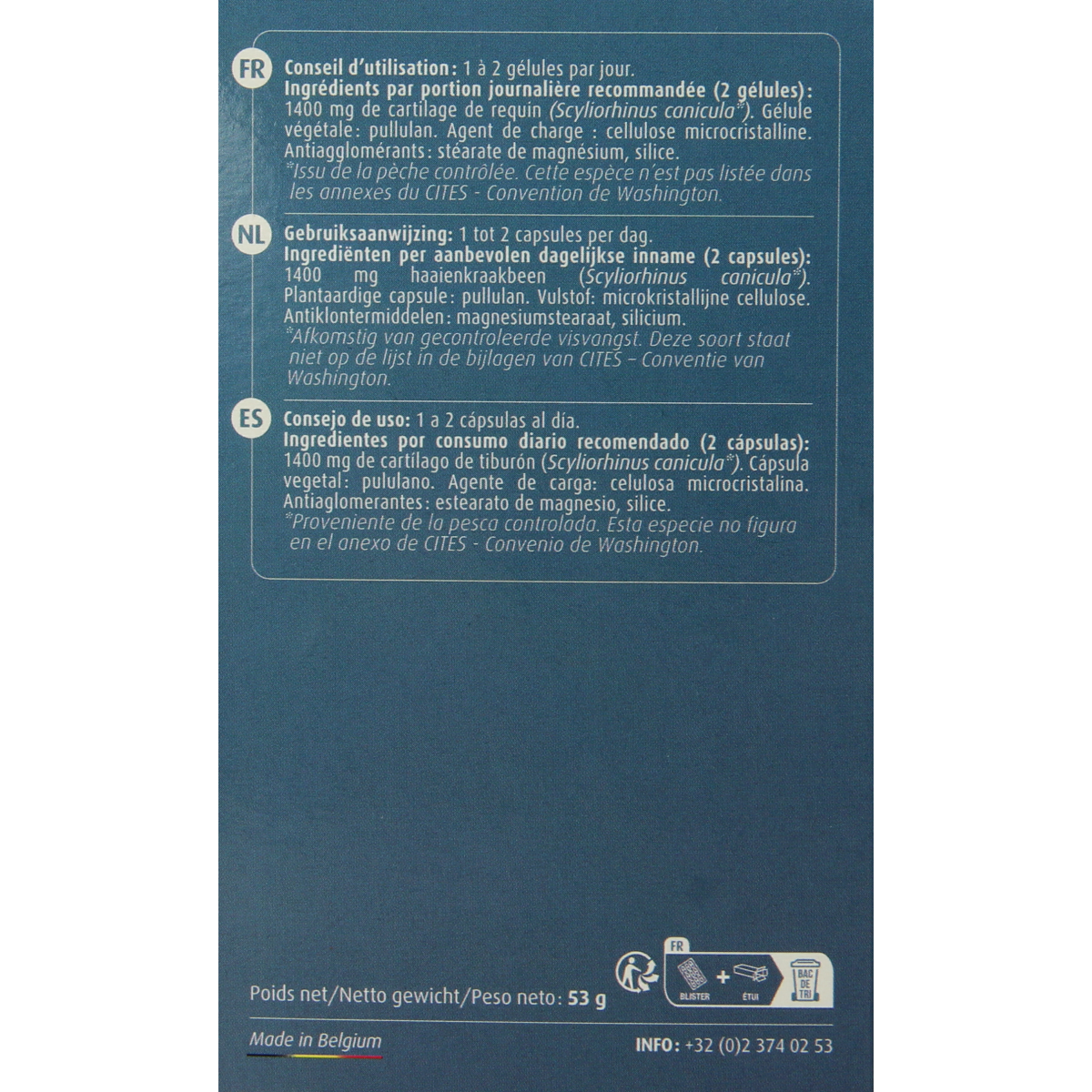 Trenker Shark Cartilage capsules, 60-count, dietary supplement with mineralen enkel, shown in a clear container with capsules inside