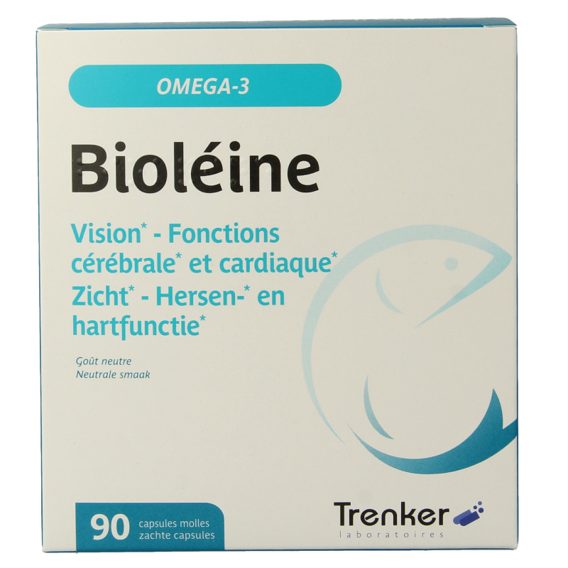 Trenker Bioleine Omega 3 capsules, dietary supplement with healthy fatty acids, in a transparent bottle with 90 capsules.