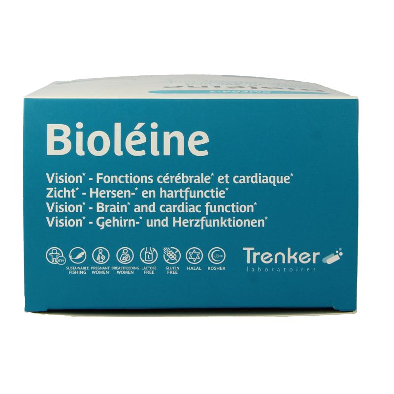 Trenker Bioleine Omega 3 capsules, dietary supplement with omega-3 fatty acids, in a white bottle with a blue label.