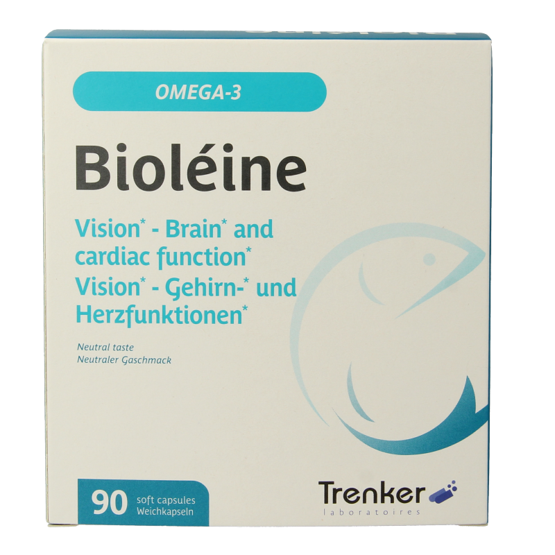 Trenker Bioleine omega 3 capsules, vegan fish oil supplement, showing 90 softgel capsules in a clear container.