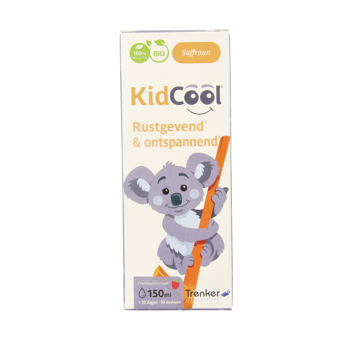 Trenker KidCool bio herbal syrup in 150ml bottle, featuring a colorful label with herbal illustrations and a dropper cap.