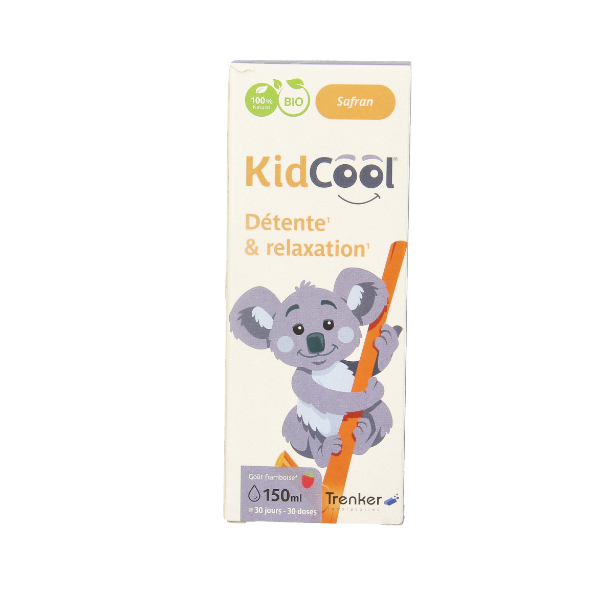 Trenker KidCool bio herbal syrup bottle, 150ml, featuring a colorful label with herbal illustrations for kids.