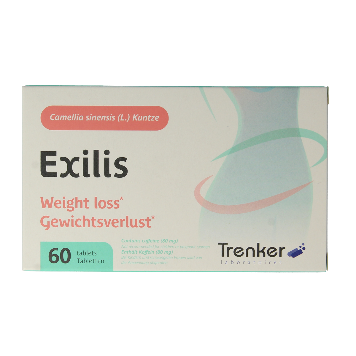 Trenker Exilis 60.00 herbal supplement tablets in a clear container, showcasing natural ingredients and product packaging.