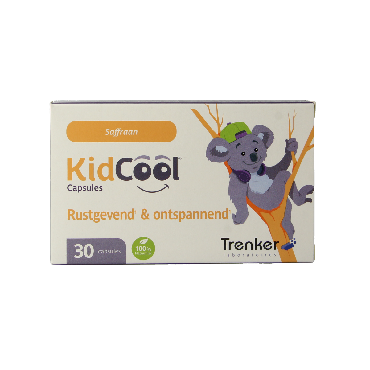 Trenker KidCool herbal supplement capsules for kids, featuring natural ingredients in a transparent bottle with capsules visible.