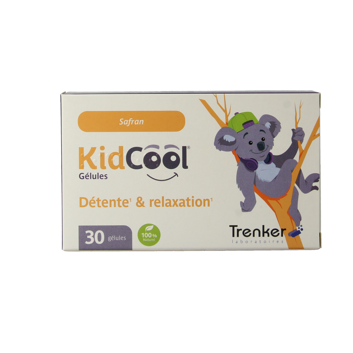 Trenker KidCool 30 capsules of herbal supplement for kids, showing the product bottle with label details.