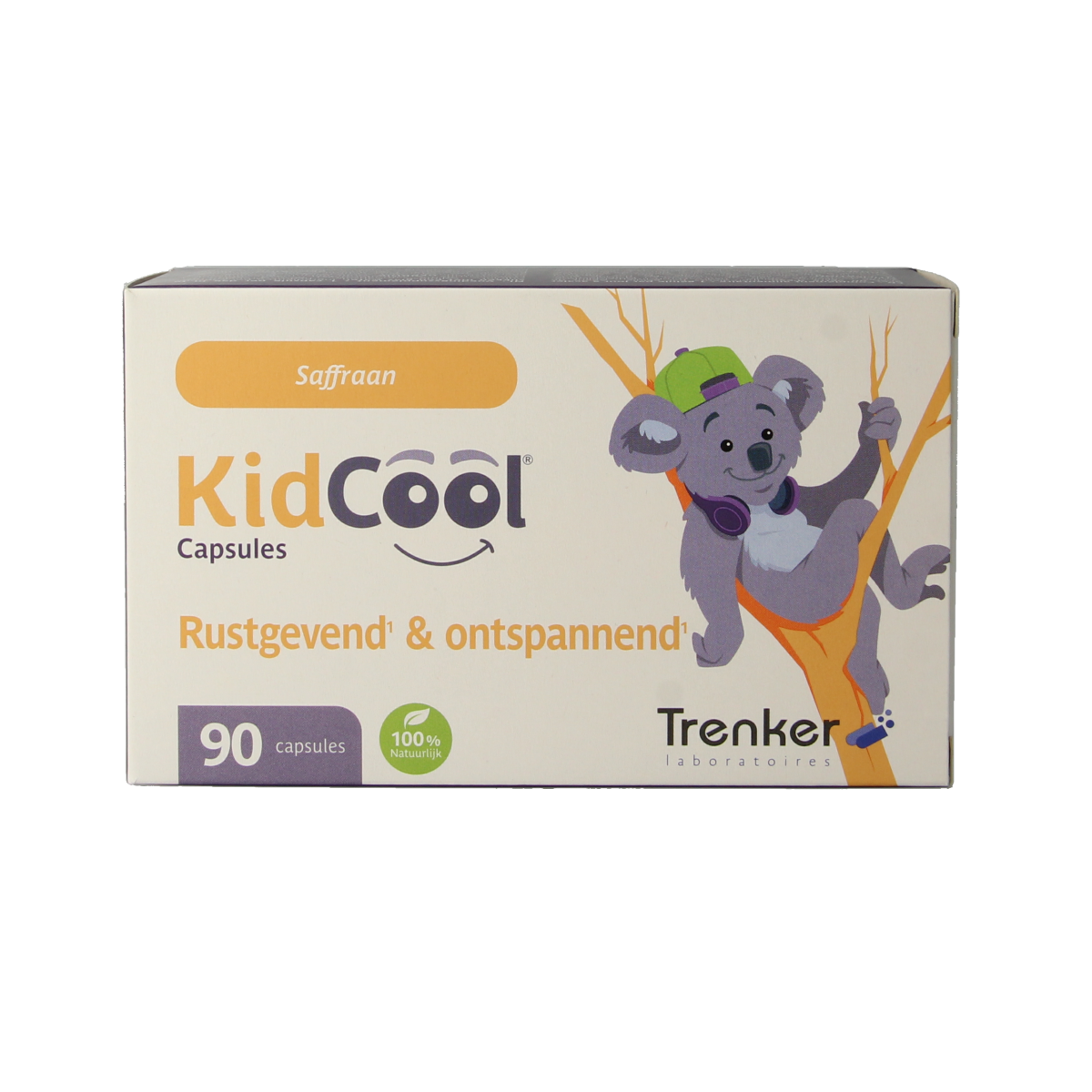 Trenker KidCool 90 capsules of herbal supplement for children, showing the bottle with capsules and label details.