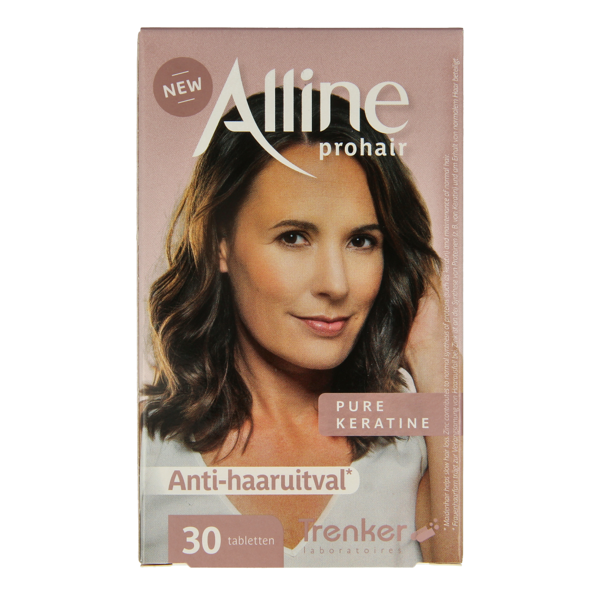 Trenker Alline prohair multivitamin tablets for hair health, featuring a white bottle with label and tablet capsules inside.