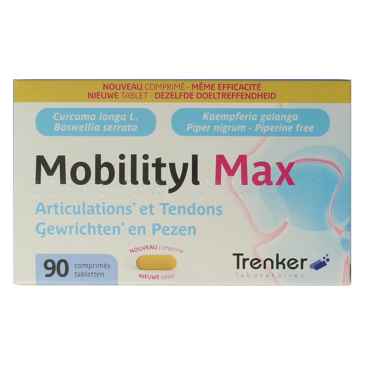 Trenker Mobilityl max herbal tablets, dietary supplement from Kruidenpreparaten line, in a clear container with tablets visible.