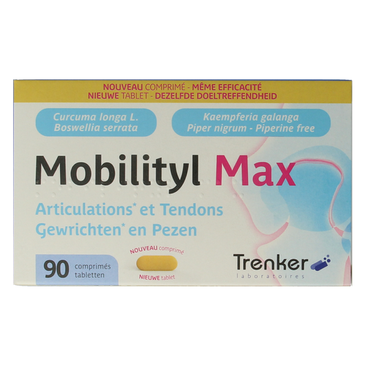 Trenker Mobilityl max herbal tablets, dietary supplement from Kruidenpreparaten line, in a clear container with tablets visible.