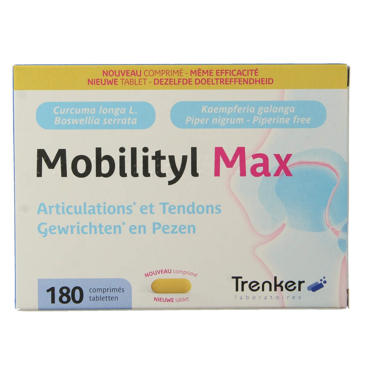 Trenker MobilityL Max 180 herbal supplement tablets in a bottle, designed to support joint and mobility health.