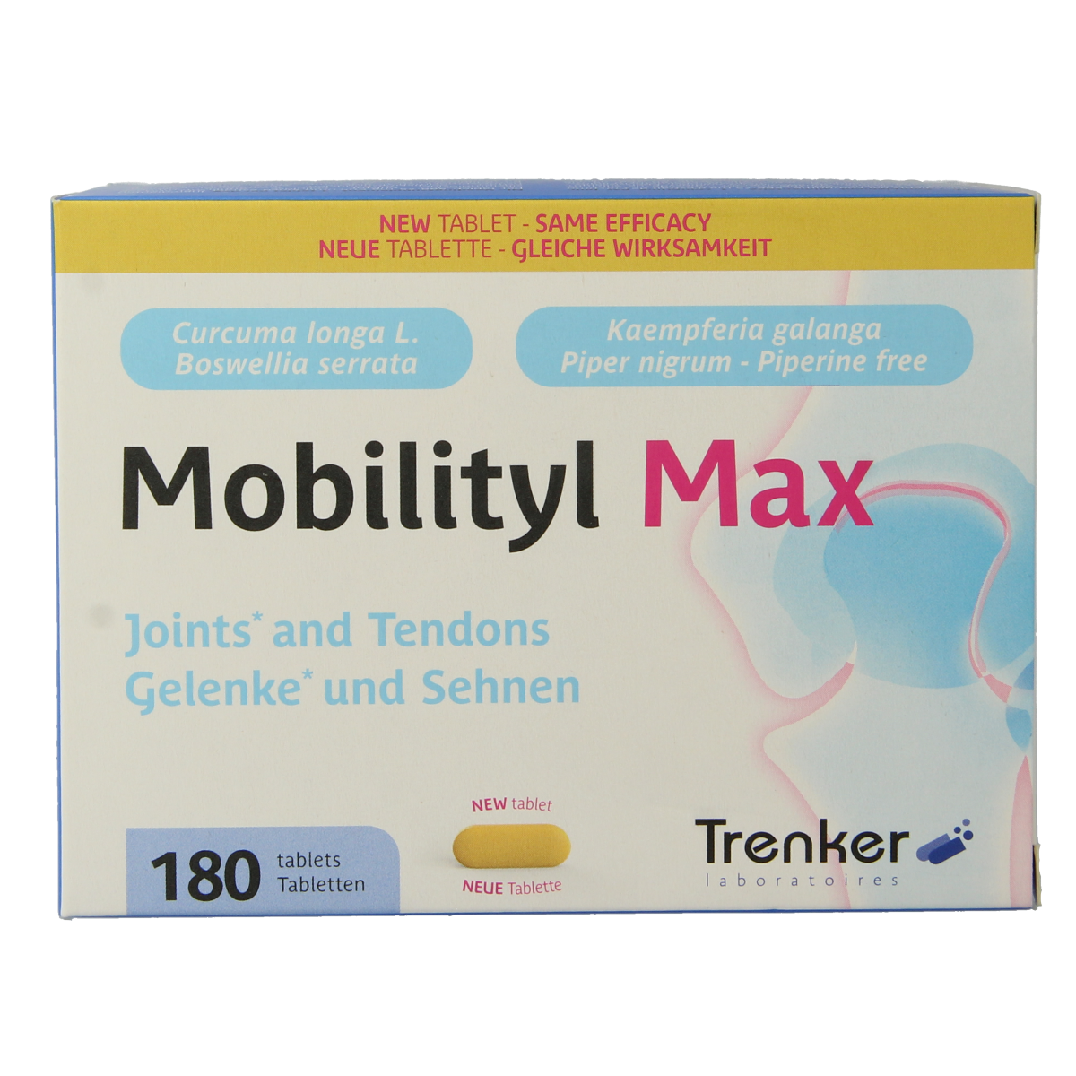 Trenker Mobilityl max 180 herbal supplement tablets in a blister pack, designed to support joint mobility and overall joint health.